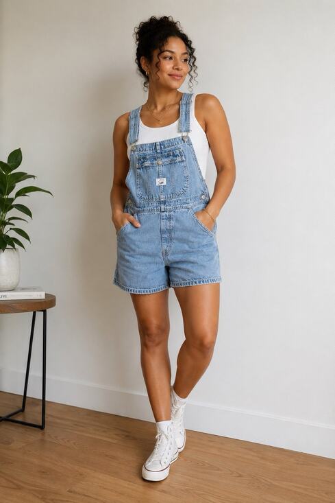 Lee Pants - Vtg LEE Riveted Denim Bib Overall Shorts M Blue Jeans Y2K 90s Utility USA